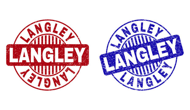 Grunge LANGLEY round stamp seals isolated on a white background. Round seals with grunge texture in red and blue colors. Vector rubber overlay of LANGLEY label inside circle form with stripes.