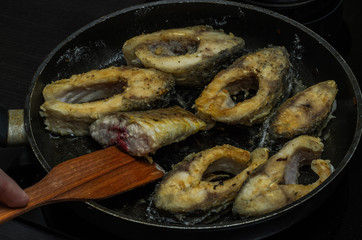 Fish carp fried in a pan
