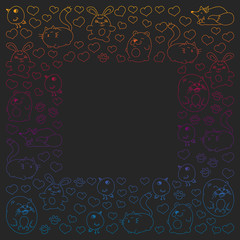 Vector set of beautiful round icons in the form of wild animals for children and design, print, cat ,bear, fox, bird ,hare or rabbit. Round animals with caption on black background