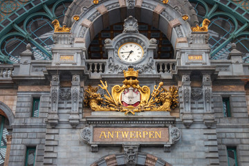 Clock and “Antwerpen” at Central railway station in Antwerp