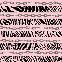 Trendy seamless pattern with gold silver chains on animal skin leopard zebra print for fabric design © argunika