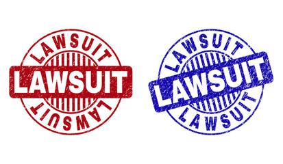 Grunge LAWSUIT round stamp seals isolated on a white background. Round seals with grunge texture in red and blue colors. Vector rubber watermark of LAWSUIT title inside circle form with stripes.