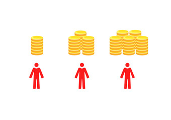 Vector image of men with piles of coins increasing in amount - financial gains, growth or investments