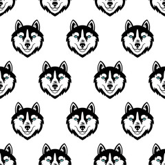 Fototapeta premium Husky head dog black and white vector seamless pattern.