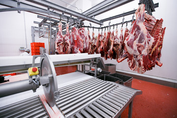 A lot of raw meat hung and arranged in a row in a processing meat production factory. Horizontal...