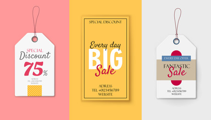 Price tags for sale campaign in flat style. Special discount, big sale and fantastic sale labels. Production promotion and announcement vector illustration. Advertising for retail, store shopping.