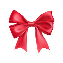 Naklejka premium Romantic red ribbon bow isolated on white background. Realistic decoration for holidays events. Glossy decor object from satin vector illustration. Christmas or birthday decoration element.