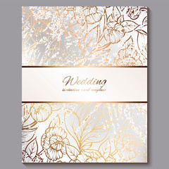 Exquisite royal luxury wedding invitation, gold on white background with frame and place for text, lacy foliage made of roses or peonies with golden shiny gradient.