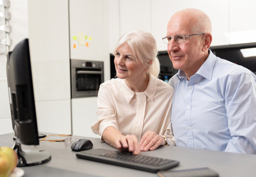 Happy elder couple enjoy together at computer