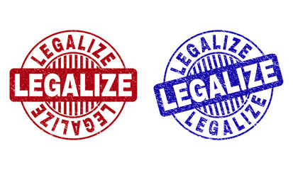 Grunge LEGALIZE round stamp seals isolated on a white background. Round seals with distress texture in red and blue colors. Vector rubber imprint of LEGALIZE tag inside circle form with stripes.