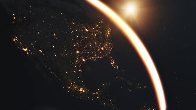 4K Beautiful Sunrise over North America. Realistic earth with night lights from space. High quality 3d animation. Elements of this image furnished by NASA.