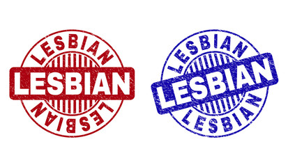 Grunge LESBIAN round stamp seals isolated on a white background. Round seals with grunge texture in red and blue colors. Vector rubber imprint of LESBIAN title inside circle form with stripes.