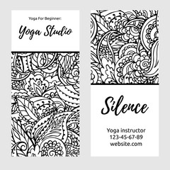 Stretch and Strength. Yoga card design template. Black and white banner for spiritual retreat or yoga studio. Ornamental business cards, oriental pattern. Vector illustration isolated
