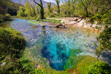 The Blue Eye spring (Syri i Kalter), a more than fifty metre deep natural pool with clear, fresh...