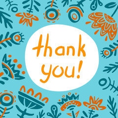 Thank you card. Nice greeting card. Doodle flowers square frame flat vector illustration. Fabulous plant two color