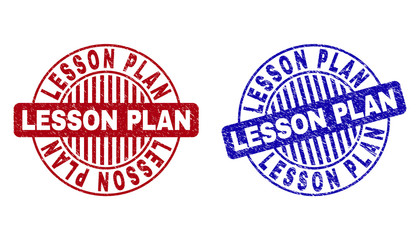 Grunge LESSON PLAN round stamp seals isolated on a white background. Round seals with grunge texture in red and blue colors.
