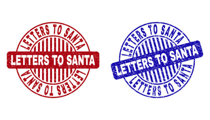 Grunge LETTERS TO SANTA round stamp seals isolated on a white background. Round seals with grunge texture in red and blue colors.