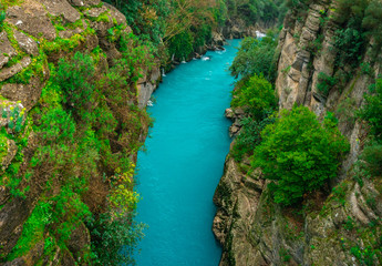 River between canyon and forest. Manavgat, Antalya, Turkey. Blue river. Rafting tourism.