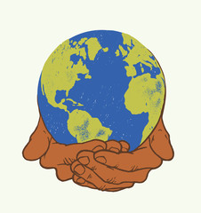 Hands holding Earth - Planet in palms - vintage earth day object illustration