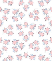 Vector seamless pattern of cartoon pigs angels flying on white background.