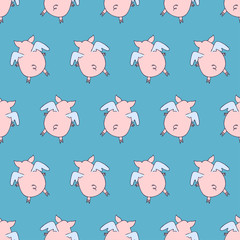 Vector seamless pattern of cartoon pigs angels flying on blue background.