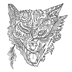 Wild beautiful wolf head hand draw on a white background. Color book. Fashion in a vector illustration