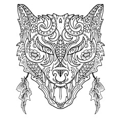 Wild beautiful wolf head hand draw on a white background. Color book. Fashion in a vector illustration