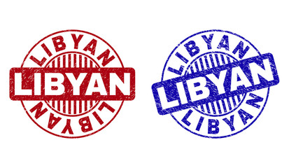 Grunge LIBYAN round stamp seals isolated on a white background. Round seals with grunge texture in red and blue colors. Vector rubber overlay of LIBYAN tag inside circle form with stripes.