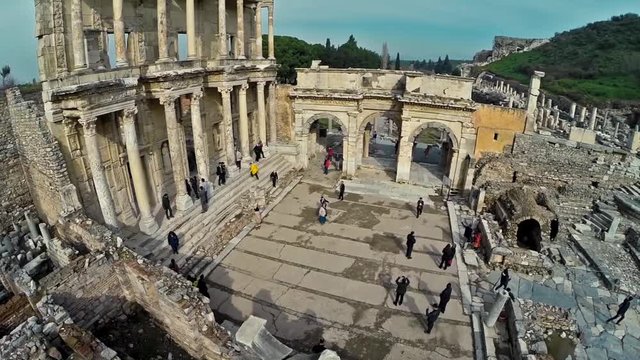 Izmir - Turkey, February 2014: Aerial view of Celcius Library from Ephesus Ancient City with some tourists in view.