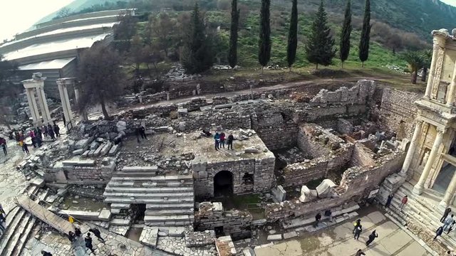 Izmir - Turkey, February 2014: Aerial view of Celcius Library from Ephesus Ancient City with some tourists in view.