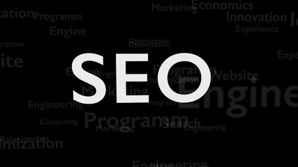 Black background with different words, which deal with Search Engine Optimization. The bold word is situated on the centre of composition. Close up. Copy space. 3D.