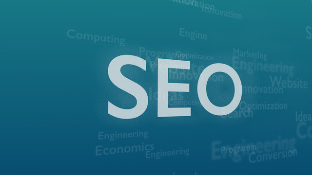 Light blue background with different words, which deal with Search Engine Optimization. The bold word is situated on the centre of composition. Close up. Copy space. 3D.