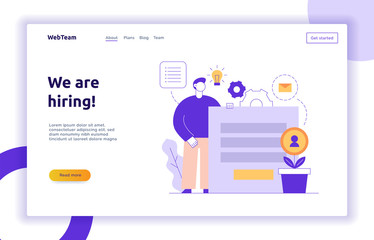 Vector teamwork and business strategy web page banner design template with big modern flat line people. We are hiring recruitment illustration