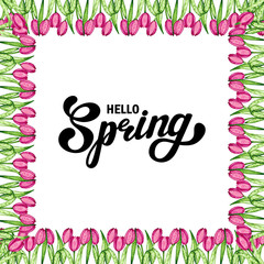 Hello spring. Hand drawn lettering with watercolor illustration. Banner, border