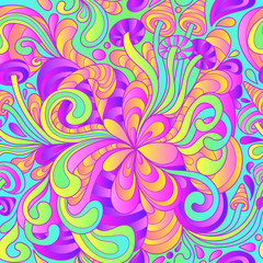 Seamless pattern with colorful magic mushrooms in doodle style. 60s hippie psychedelic art. Vector. Print for fabric