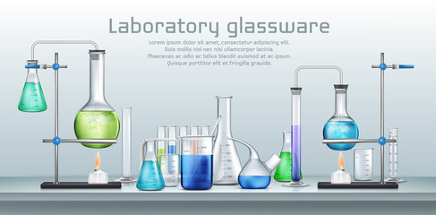 Chemical laboratory experiment 3d realistic vector concept. Lab graduated glassware filled with different color reagents, lab flasks connected with test tubes heating by alcohol burner illustration