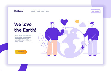 Vector save the planet web page banner design template with big modern flat line people. Ecological illustration