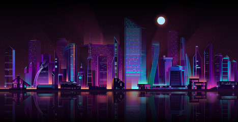 Modern metropolis streets shrouded in darkness cartoon vector background. Futuristic skyscrapers buildings illuminated with neon color lights and moonlight on seashore illustration. Urban architecture © vectorpocket