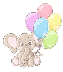 Wandaufkleber Tiere mit Ballon Niedlicher Cartoon-Elefant mit Luftballons. Handgezeichnete Vektor-Illustration.