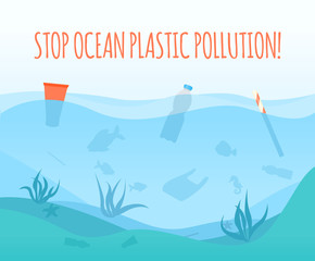 Stop ocean plastic pollution vector illustration. Ecological problem poster. 