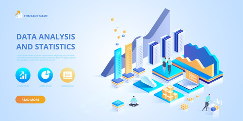 Data Analysis and Statistics concept. Vector  isometric illustration business analytics