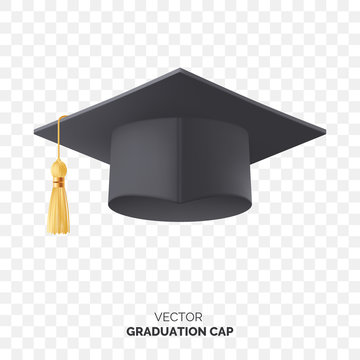 Vector black graduate cap with gold tassel isolated on transparent background. Square academic cap for graduation ceremony. Element for your design. Eps 10.