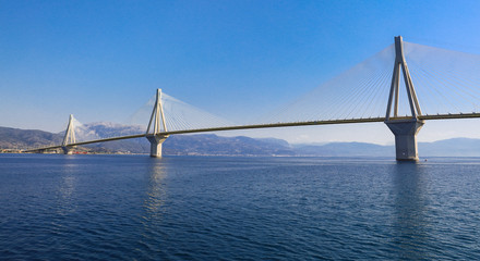 The Rio Antirrio Bridge or Charilaos Trikoupis Bridge, photo taken from the boat during summer holidays 2018.