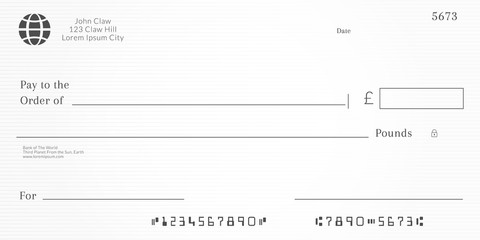 British checkbook page. Bank check template with pound currency. Blank Cheque. - obrazy, fototapety, plakaty