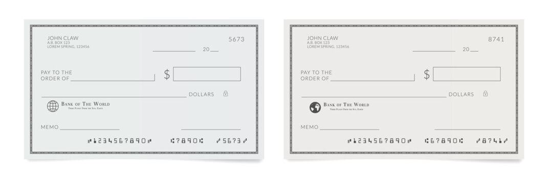 Checkbook page. Bank check template. Blank Cheque.