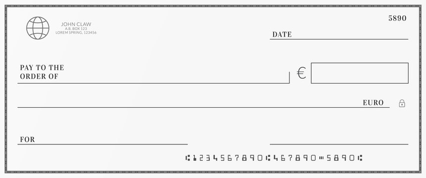 Bank check template. Checkbook page with euro currency background.