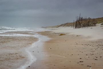 Stormy Baltic sea at Curionian Spit with empty beach
