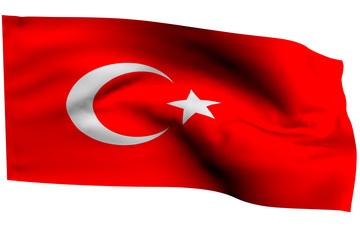 Waving flag of Turkey on a white background, isolate.
