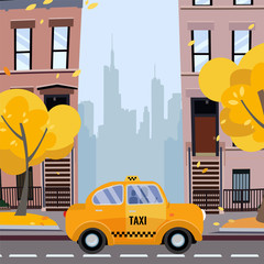 Naklejka na ściany i meble America city street. Urban landscape. Cozy yellow taxi on New York Street in residential area with yellow trees in the foreground, and silhouettes of downtown in background.Vector flat cartoon concept