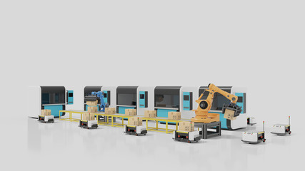 Fototapeta premium Factory Automation with AGVs, 3D printers and robotic arm,3D rendering